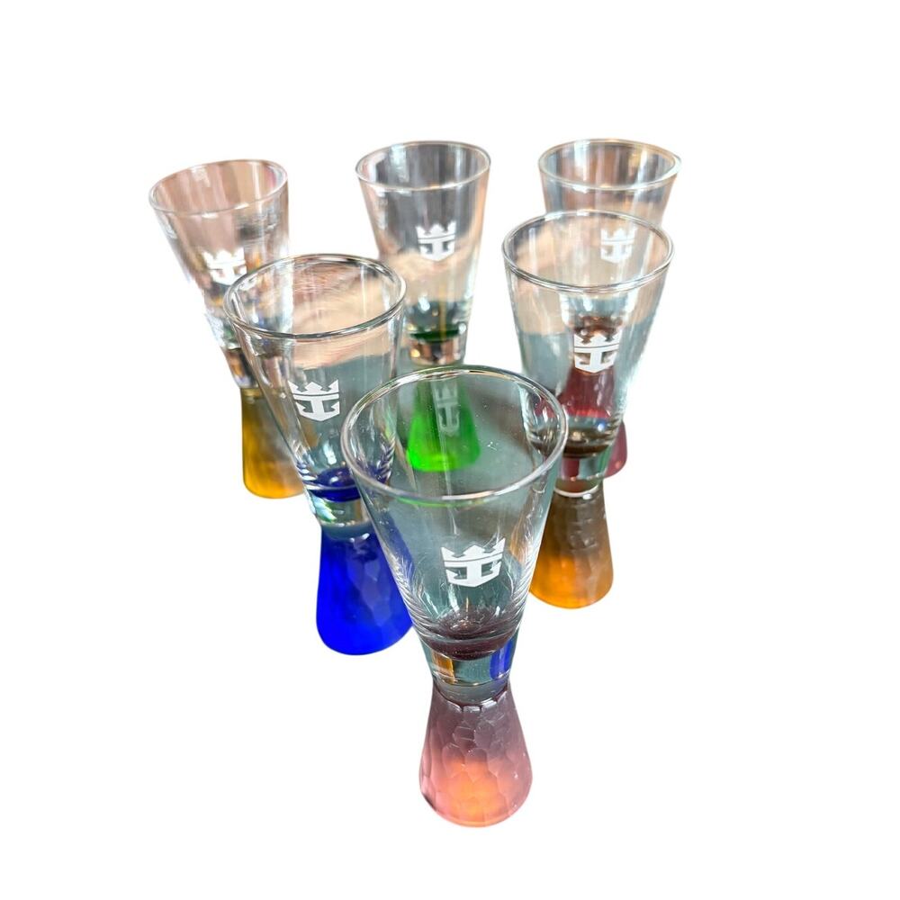 Royal Caribbean Crown Anchor Cordial Shot Glasses Colored Bases Set of 6